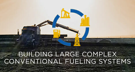 Photo of a truck with a fueling arm with caption : Building Large Complex COnventional Fueling Systems