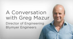 Picture of Greg Mazur with words "A Conversation with Greg Mazur, director of engineering for Blymyer Engineers"