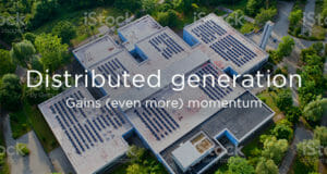 Aerial photo of a solar facility with caption Distributed generation gains even more momentum