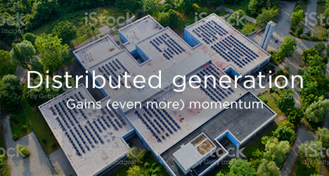 Aerial photo of a solar facility with caption Distributed generation gains even more momentum