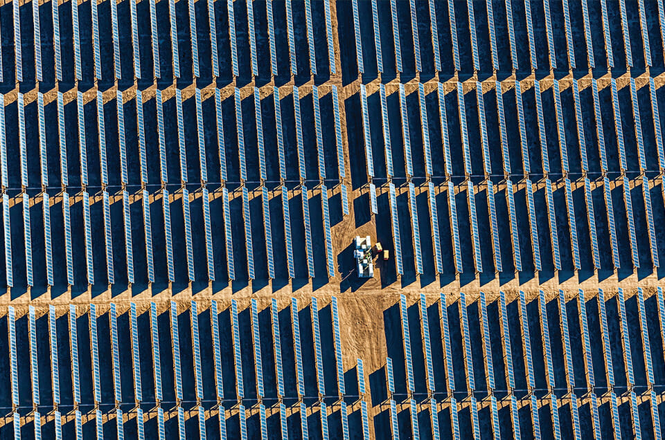 Aerial photo of a solar farm in the desert