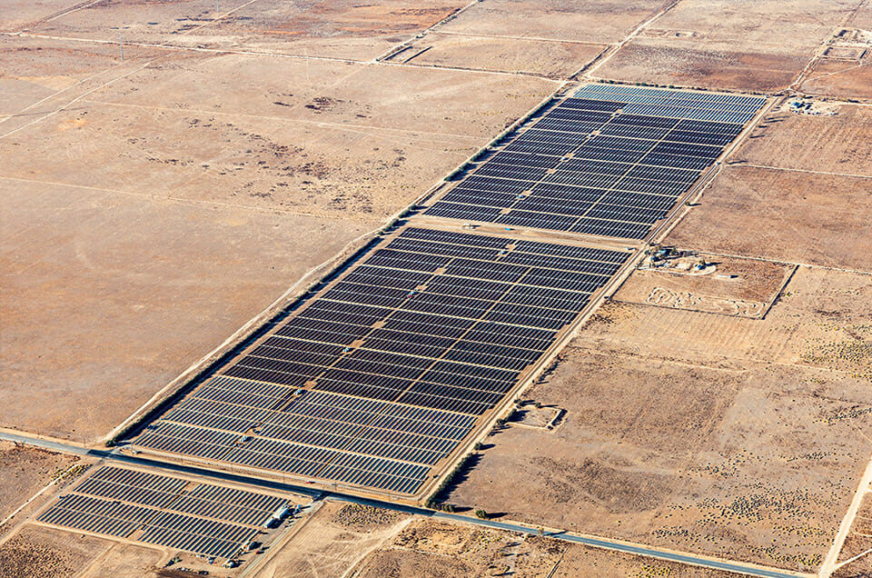 Aerial photo of a solar farm in the desert
