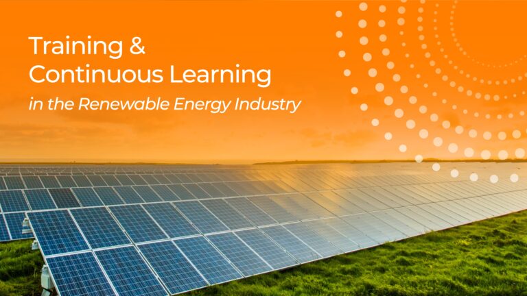 Solar panels with text that reads training and continuous learning in the renewable energy industry
